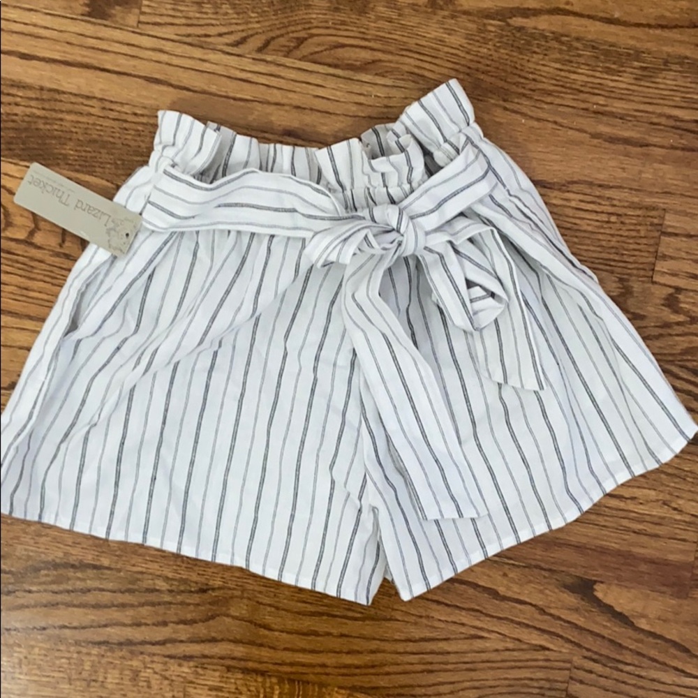 gray and white striped shorts